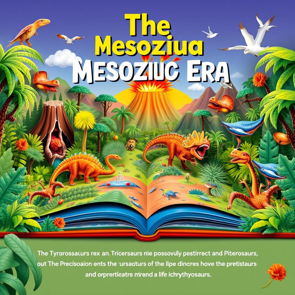 A vibrant pop-up book depicting the Mesozoic Era, featuring three-dimensional scenes of lush prehistoric landscapes