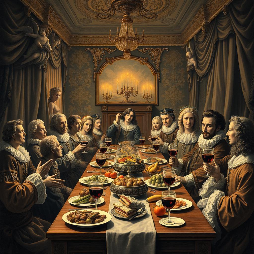 A dramatic, intricately detailed scene depicting a lavish banquet in the Baroque style