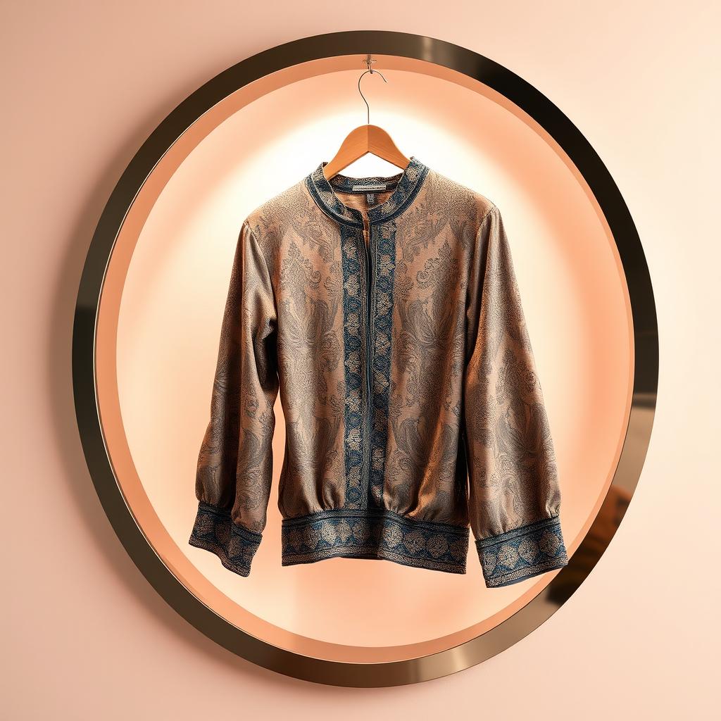 An elegant clothing item displayed within a beautifully designed circular frame, showcasing its unique details and patterns