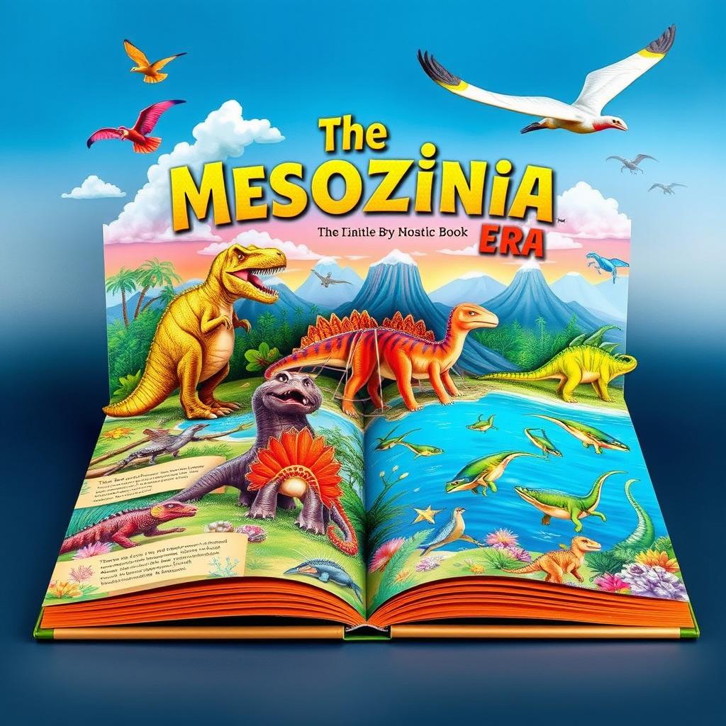 An enchanting pop-up book depicting the Mesozoic Era, featuring vibrant illustrations of dinosaurs in their natural habitats