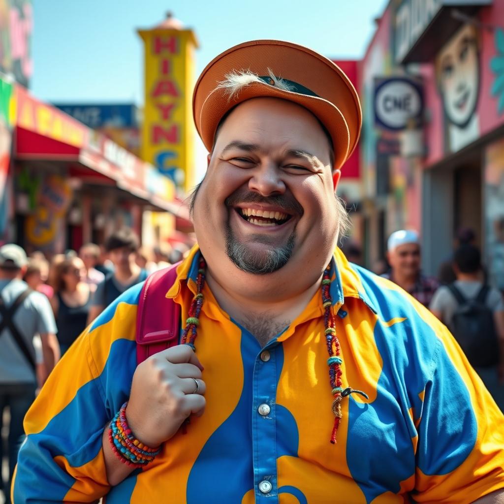 A cheerful fat gay man with a little beard, dressed in vibrant, colorful clothing