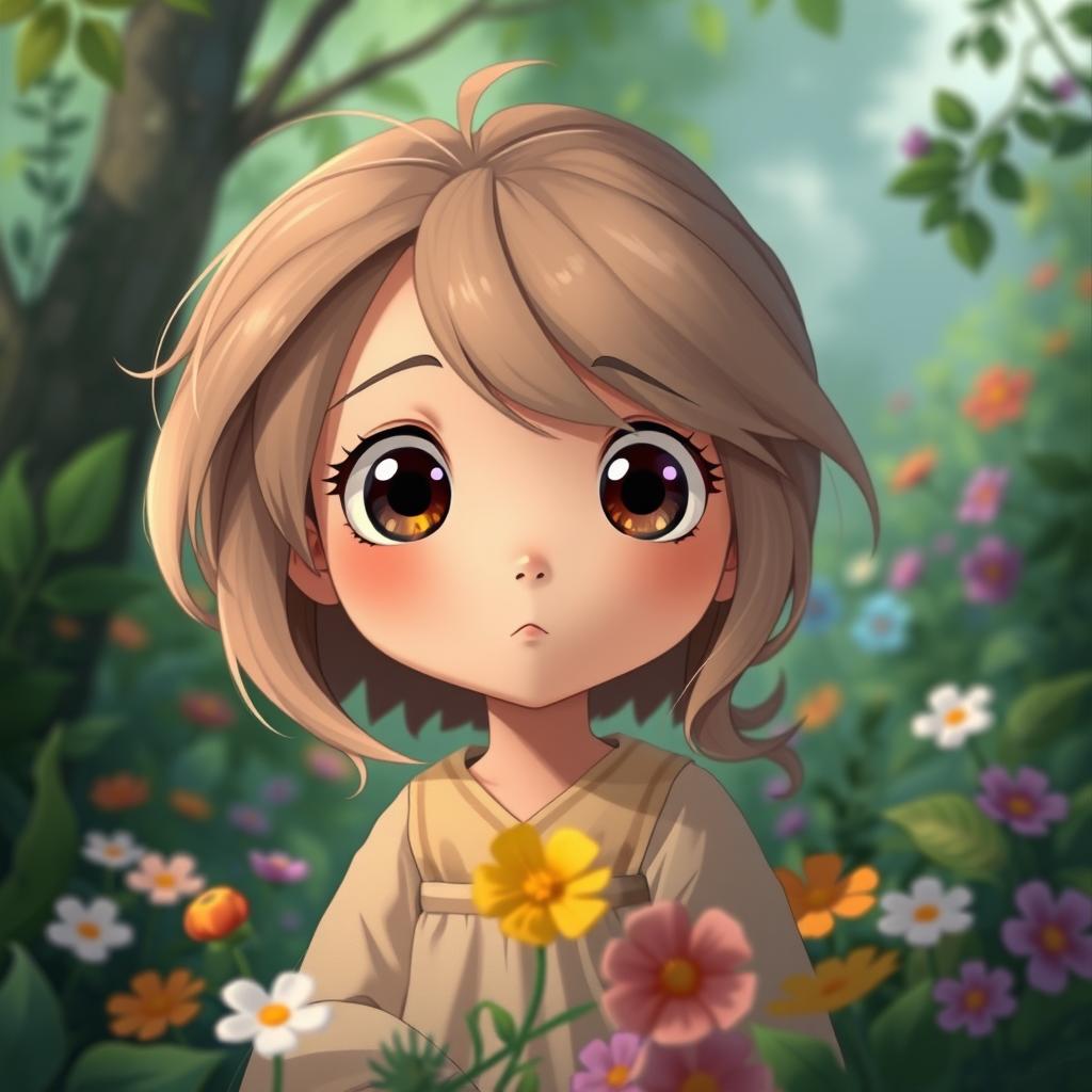A Studio Ghibli-style animated portrait featuring a whimsical character with large, expressive eyes, surrounded by nature