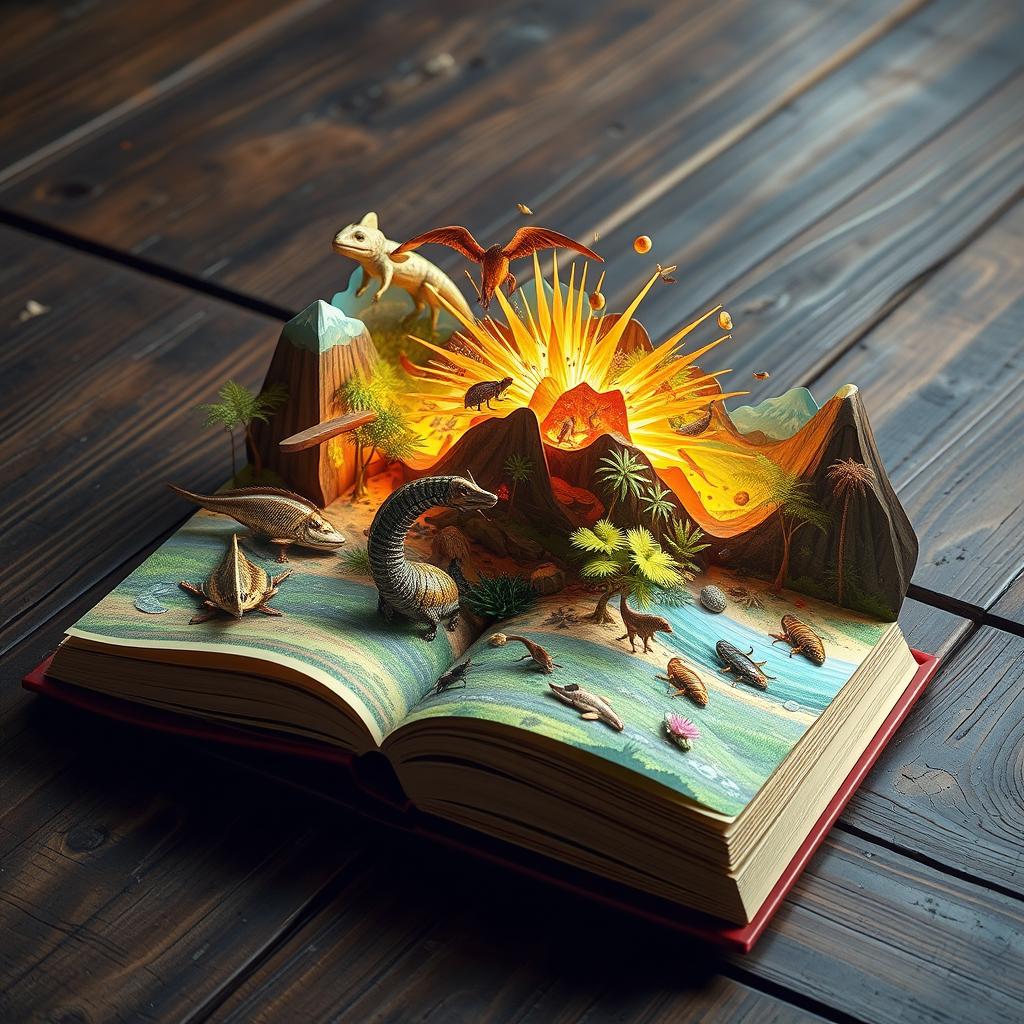 An intricate pop-up book depicting scenes from the Paleozoic era