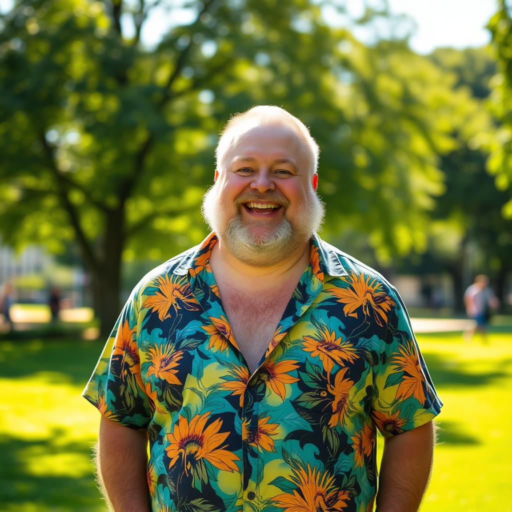 A vibrant scene featuring a joyful, plump gay man with a light beard, radiating happiness
