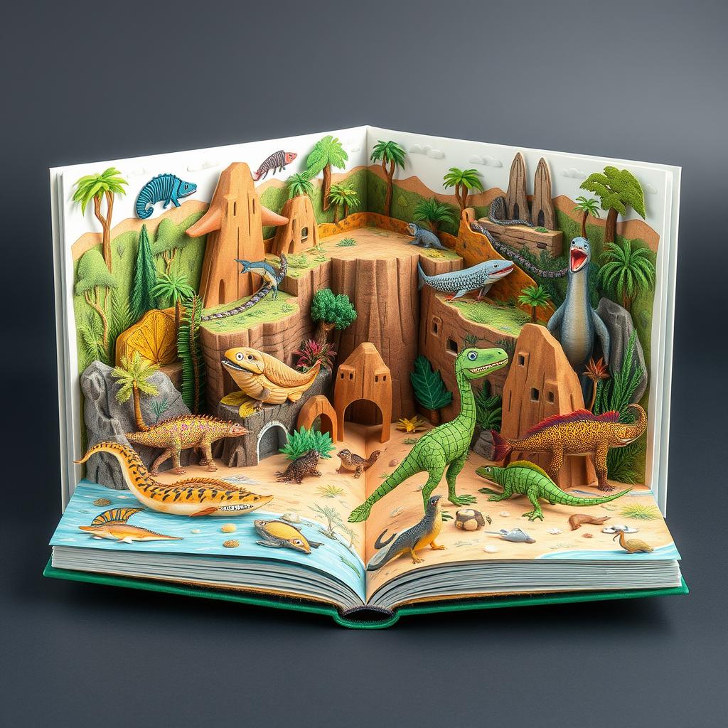 An intricate pop-up book showcasing the Paleozoic era with vibrant pop-up illustrations of diverse prehistoric scenes