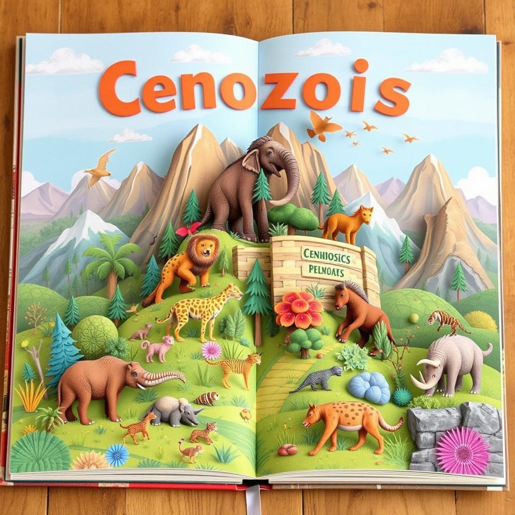 A whimsical and colorful pop-up book illustration depicting the Cenozoic era, featuring diverse prehistoric landscapes such as lush forests, expansive grasslands, and rocky mountains