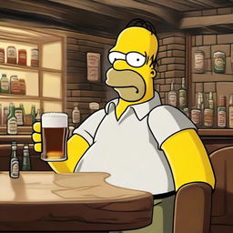 Homer Simpson in Stone Island attire, leisurely enjoying a frothy pint of beer in a classic pub atmosphere embodying warmth and camaraderie.