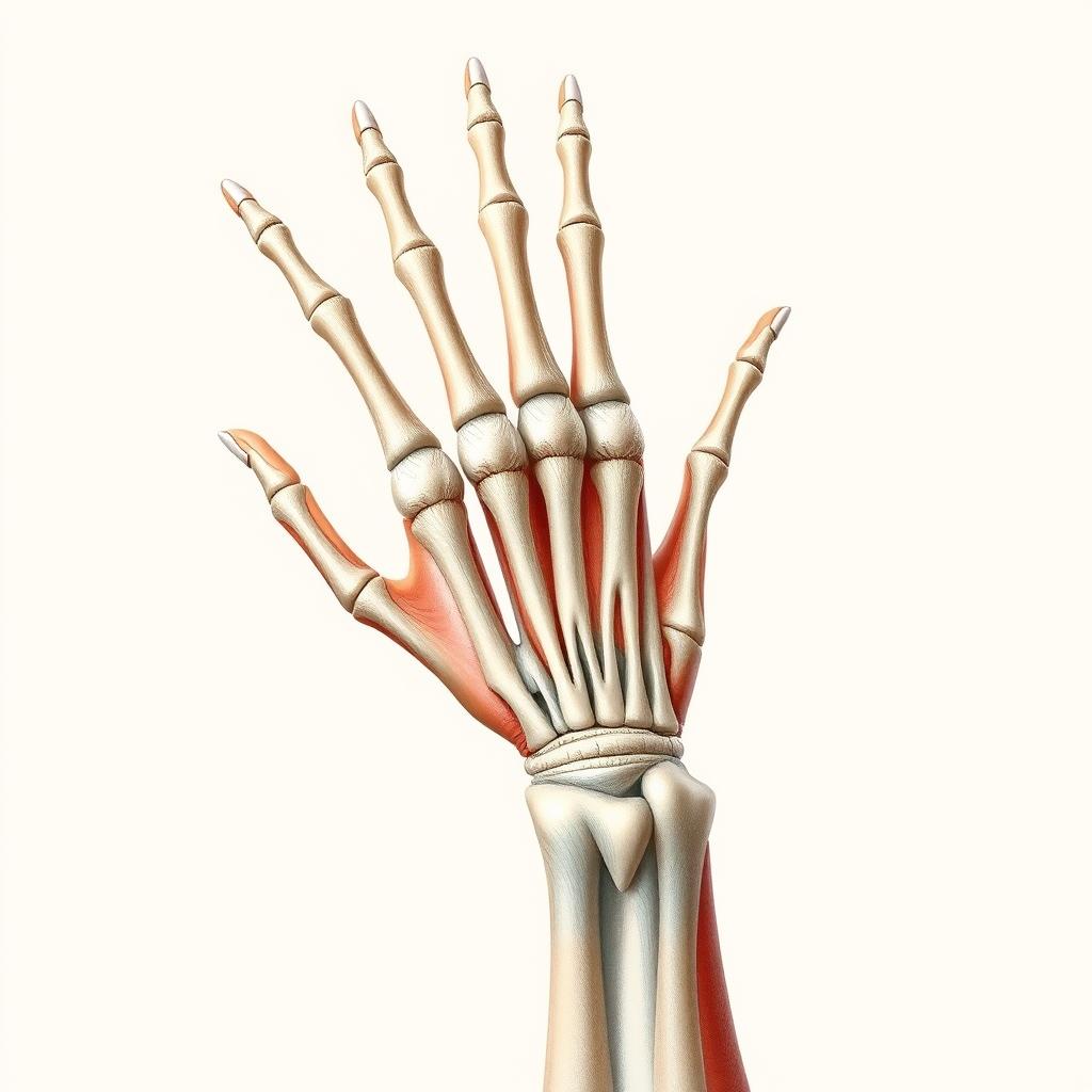 A highly detailed illustration of a human hand in an anatomical study, showcasing the structure of bones, muscles, and tendons