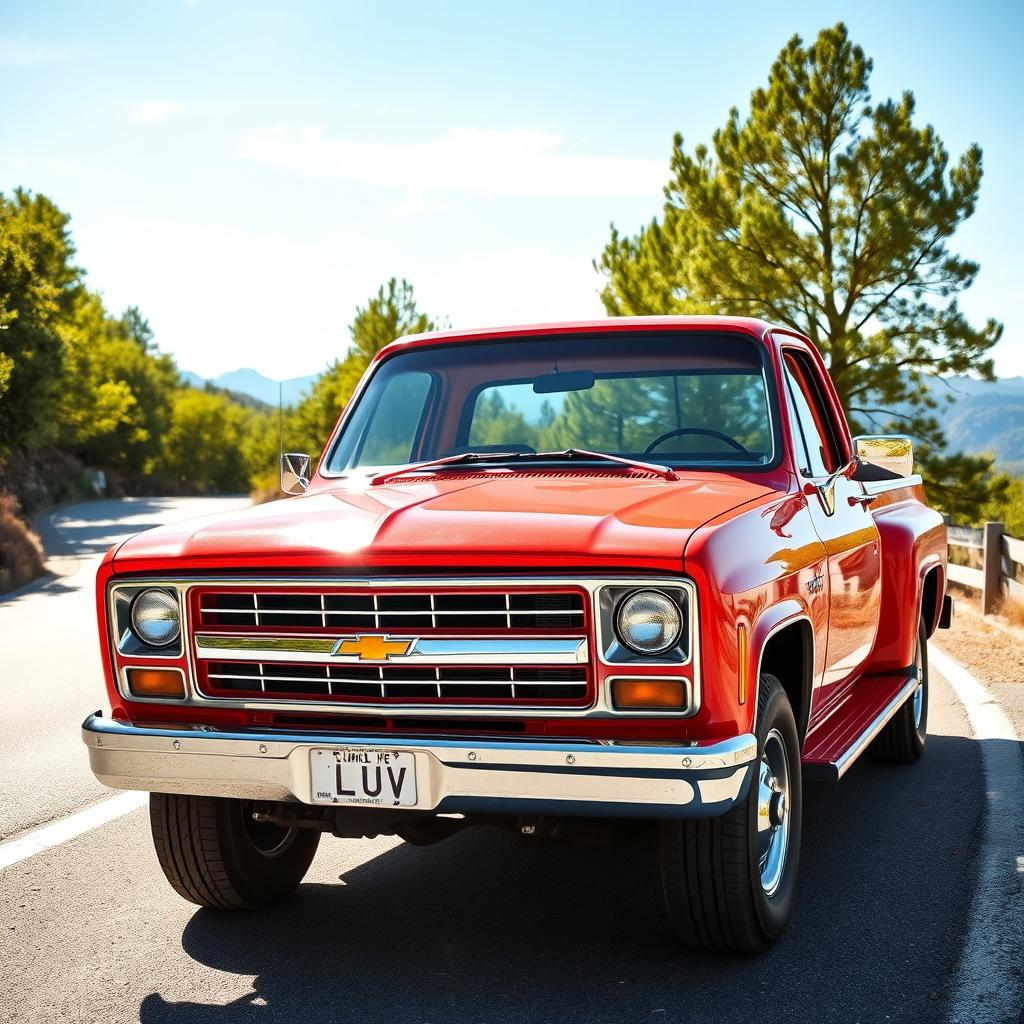 A vintage Chevrolet LUV truck, parked on a scenic route, surrounded by lush green trees and a bright blue sky