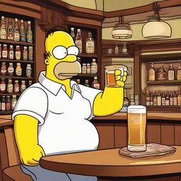 Homer Simpson in Stone Island attire, leisurely enjoying a frothy pint of beer in a classic pub atmosphere embodying warmth and camaraderie.