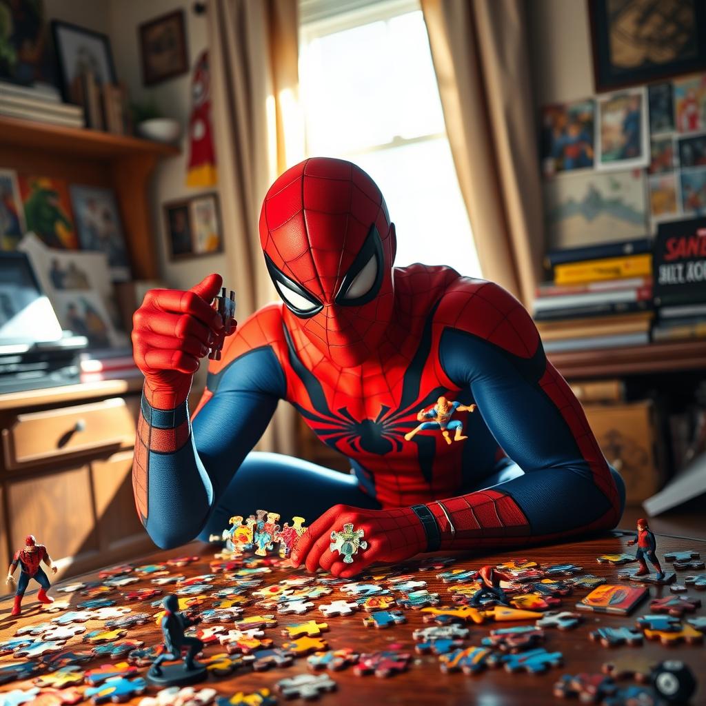 A vibrant and dynamic scene featuring Spider-Man, the iconic superhero, intensely focused on assembling a colorful jigsaw puzzle