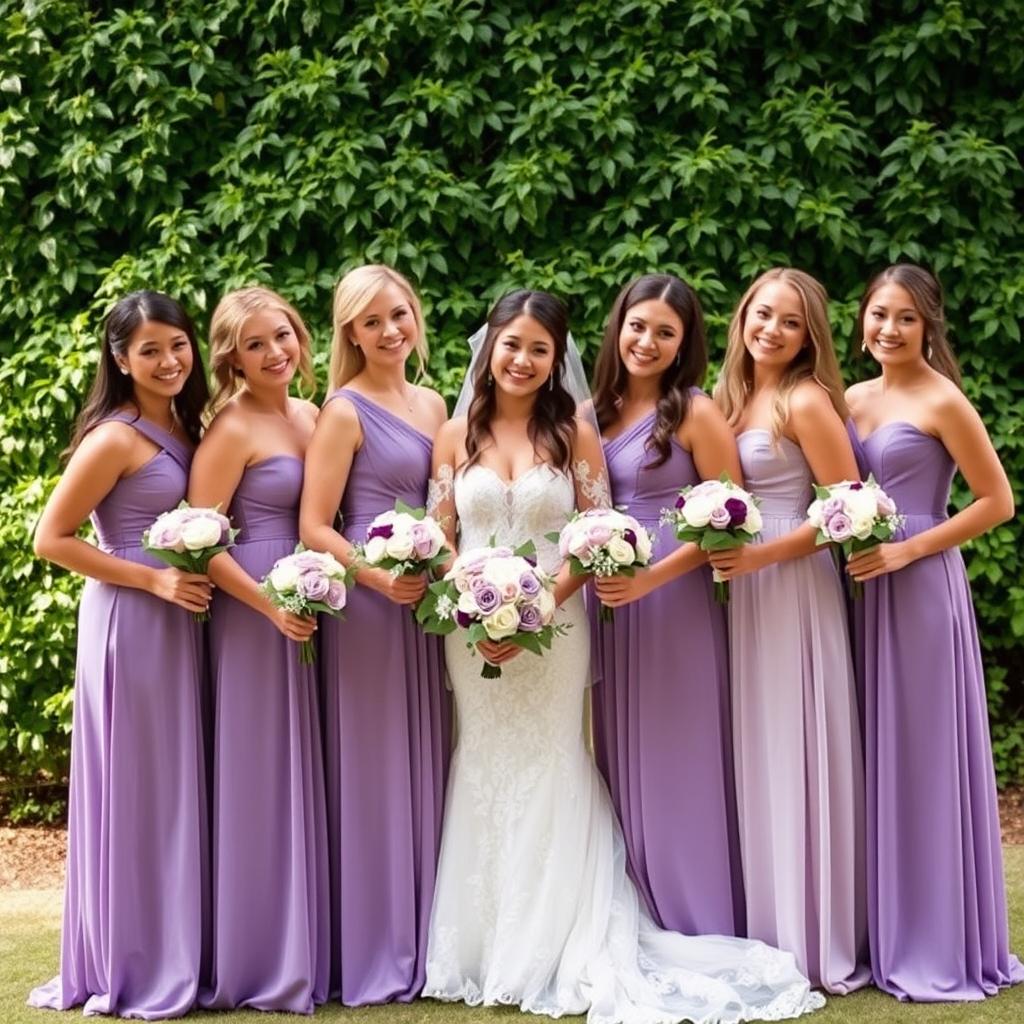 A wedding or engagement photo featuring a bride wearing a long white wedding dress with lace details, surrounded by six bridesmaids dressed in elegant, long lavender purple gowns