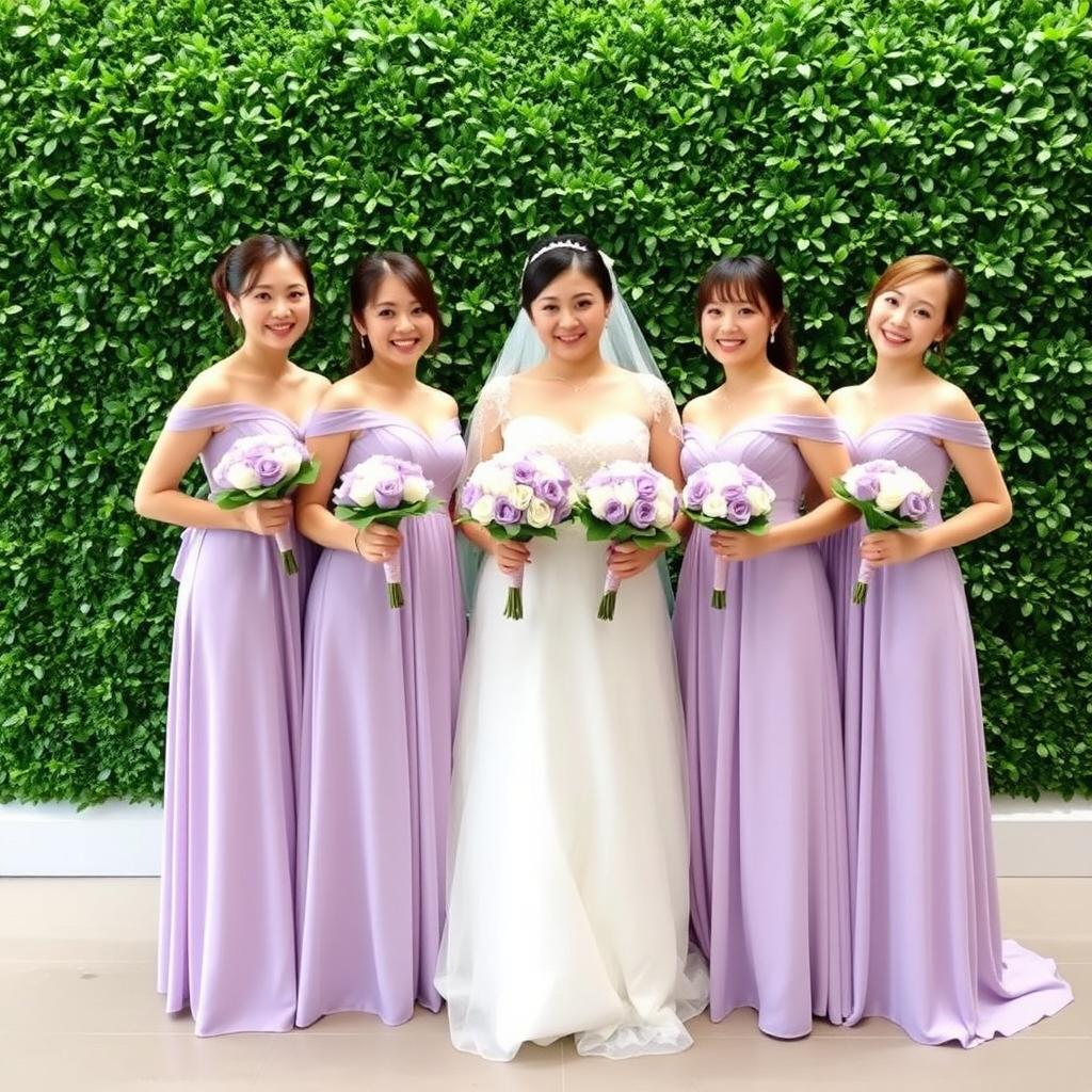 Six beautiful Korean bridesmaids wearing long lavender dresses, each with slightly different but elegant designs that complement each other beautifully