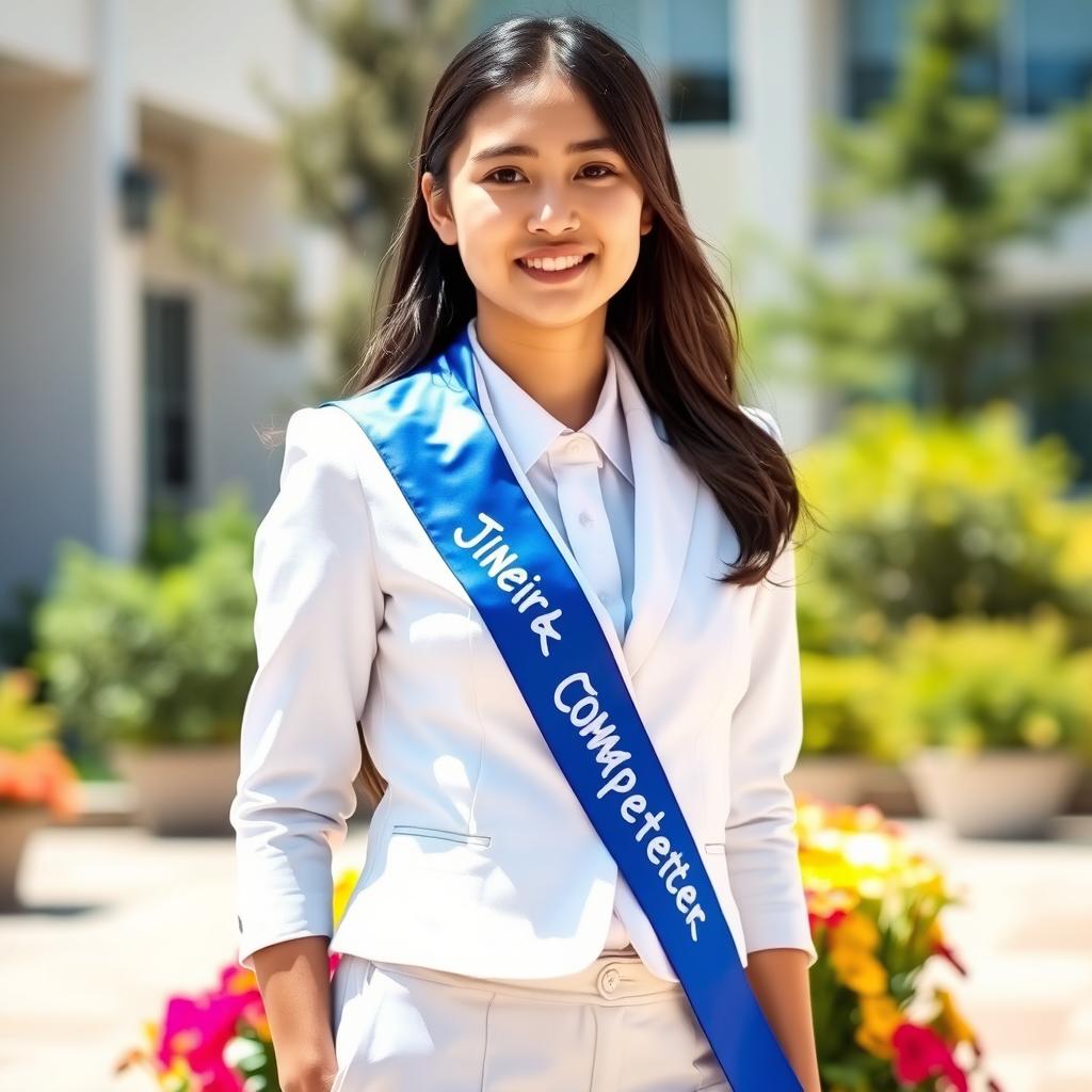A young adult wearing a pristine white uniform, complete with a tailored blazer and neat trousers, complemented by a striking blue sash that reads 'Junior High Completer' in bold letters