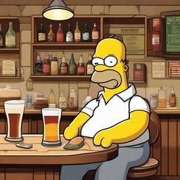 Homer Simpson in Stone Island attire, leisurely enjoying a frothy pint of beer in a classic pub atmosphere embodying warmth and camaraderie.