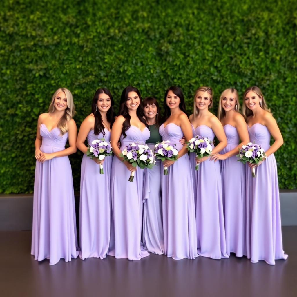 A beautiful scene featuring six elegant women wearing long lavender dresses