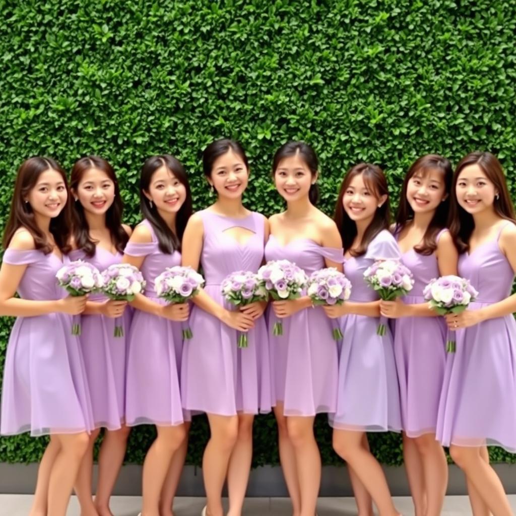 Six beautiful Korean women wearing short lavender dresses