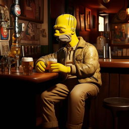 Homer Simpson clad in Stone Island fashion sitting in an atmospheric pub, savoring a flavorful draught beer.