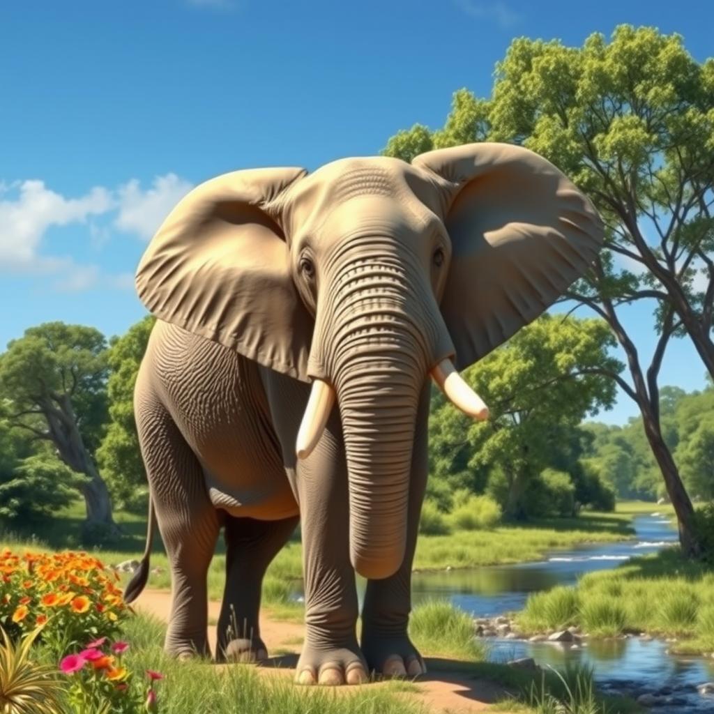 A majestic elephant standing gracefully in a natural habitat, surrounded by lush green trees and a clear blue sky
