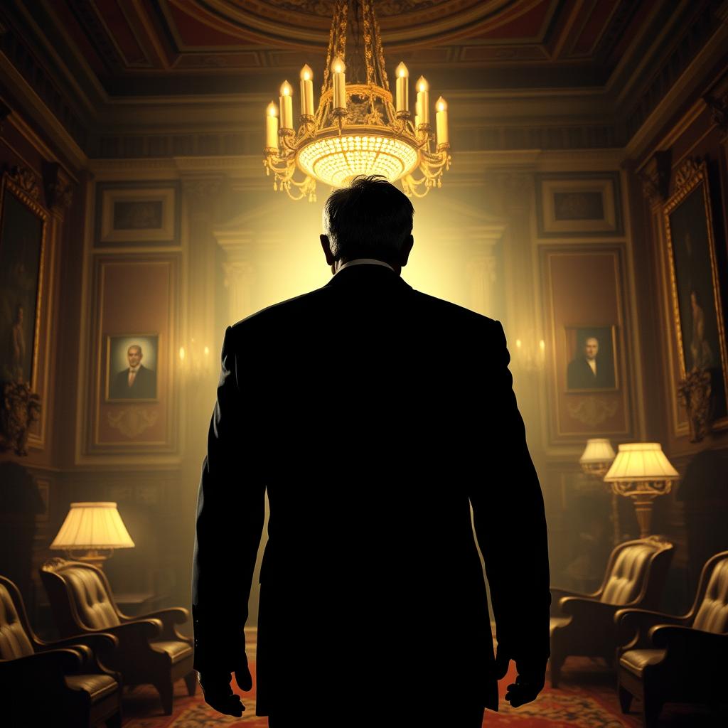 A powerful and dramatic political satire depicting a fictional scene of an assassination attempt, featuring a faceless or obscured character representing a political figure