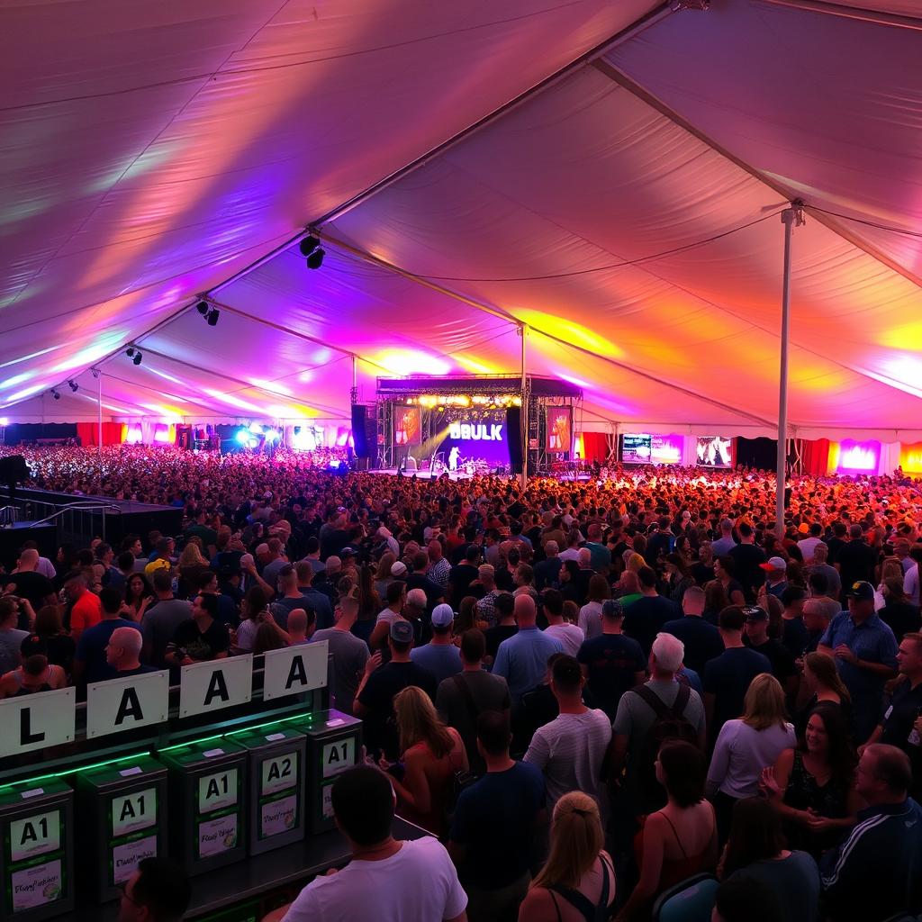 A grand outdoor concert scene under large tents filled with a vibrant crowd of concert-goers enjoying the show