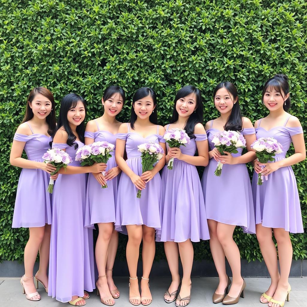 Six beautiful Korean women wearing short lavender dresses, each with slightly different elegant designs, yet all harmonized in style