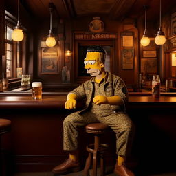 Homer Simpson clad in Stone Island fashion sitting in an atmospheric pub, savoring a flavorful draught beer.