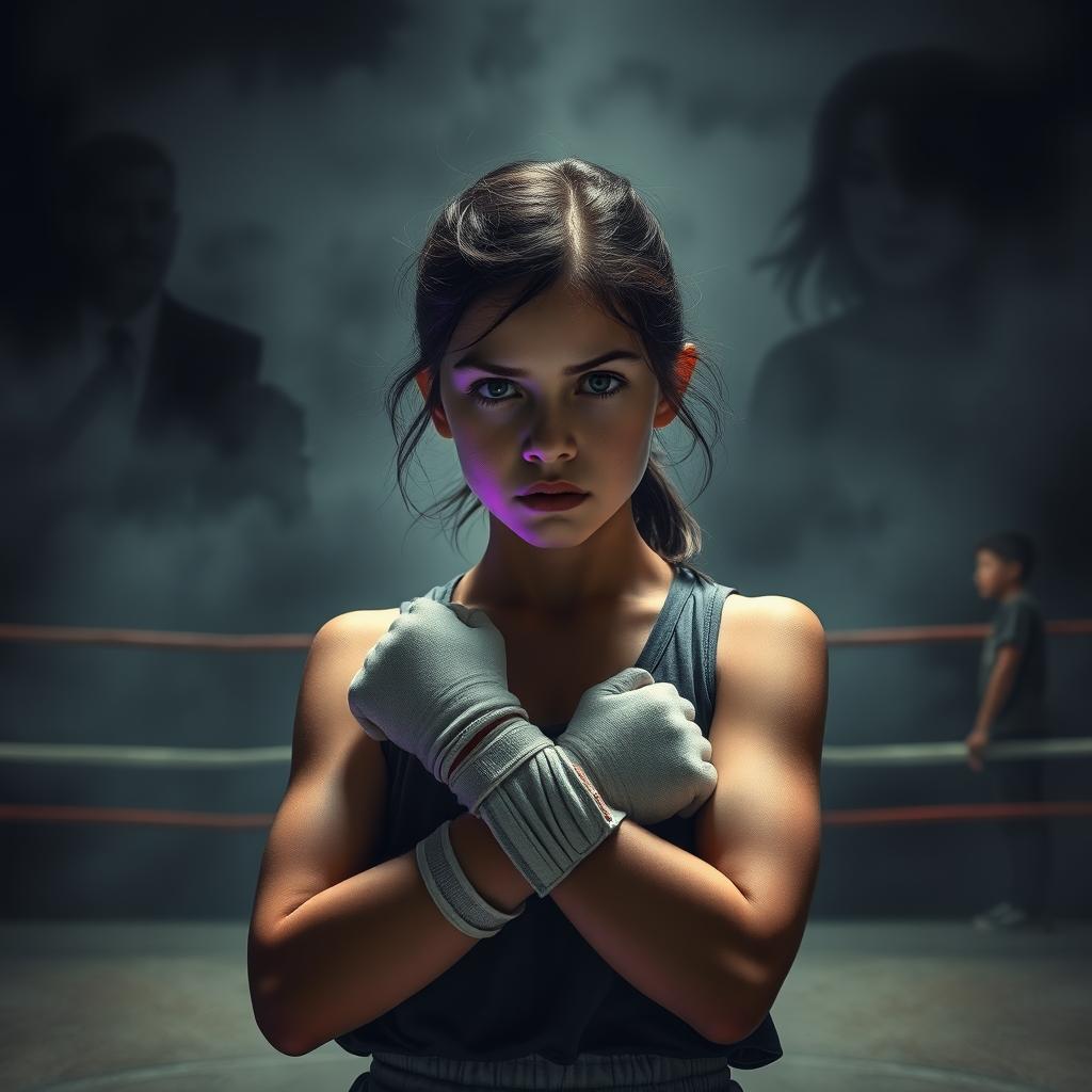 A powerful scene featuring a 16-year-old girl with bandaged knuckles, dressed in worn sportswear, standing in a dark, empty boxing ring