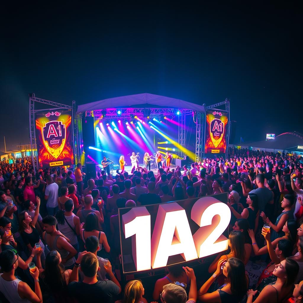 A vibrant and bustling outdoor concert scene filled with a large crowd of enthusiastic concert-goers