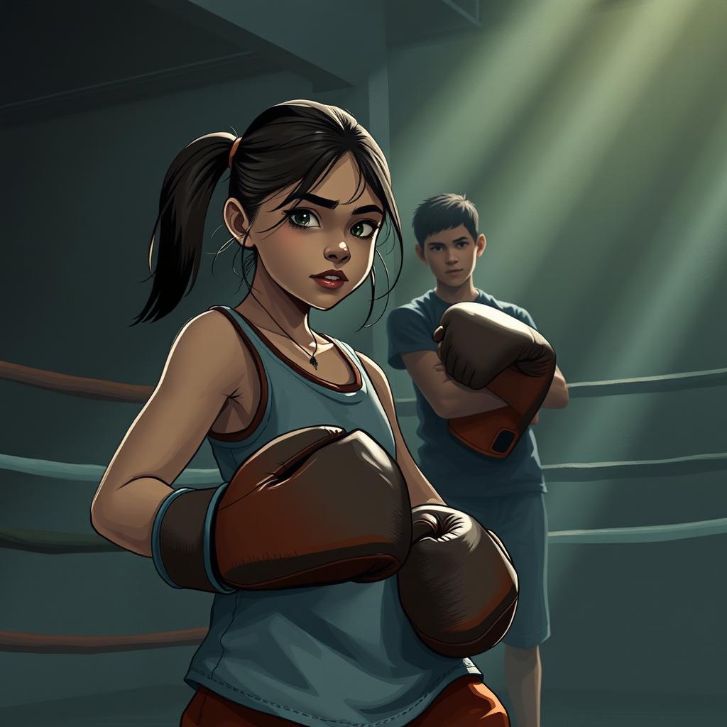 A poignant and emotional scene portraying a 16-year-old girl named Sara, who has a troubled past, standing in a boxing gym