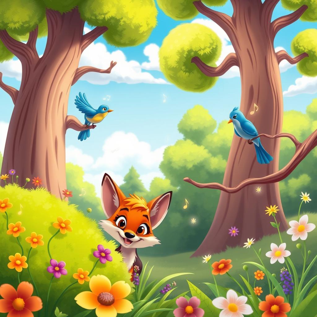 A vibrant and whimsical cartoon scene inspired by Disney animation, featuring a joyful woodland environment