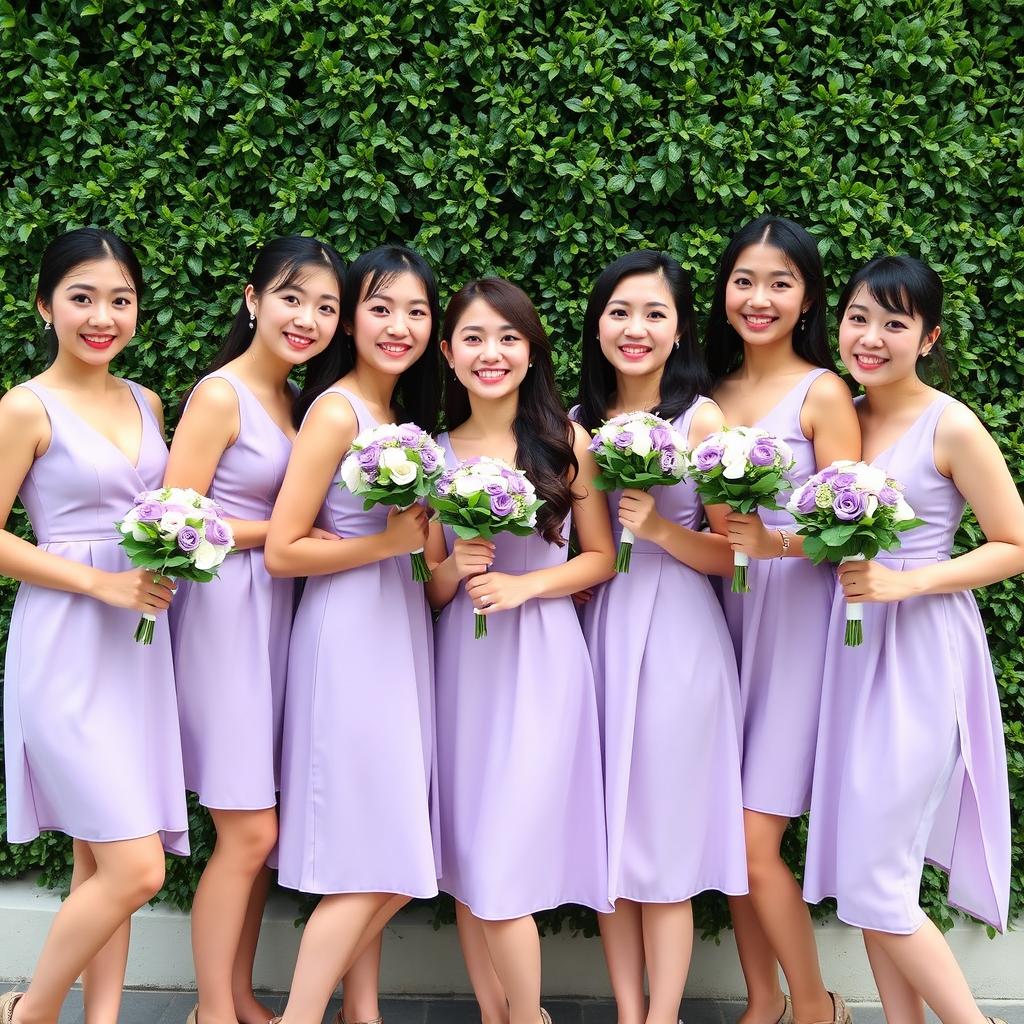 Six beautiful Korean women wearing short lavender dresses with slightly different, yet elegant designs that complement each other