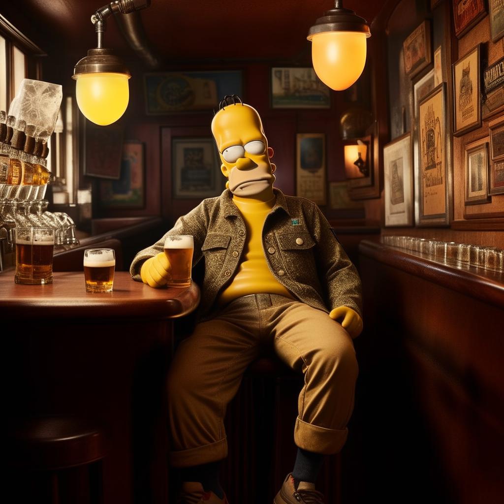 Homer Simpson clad in Stone Island fashion sitting in an atmospheric pub, savoring a flavorful draught beer.