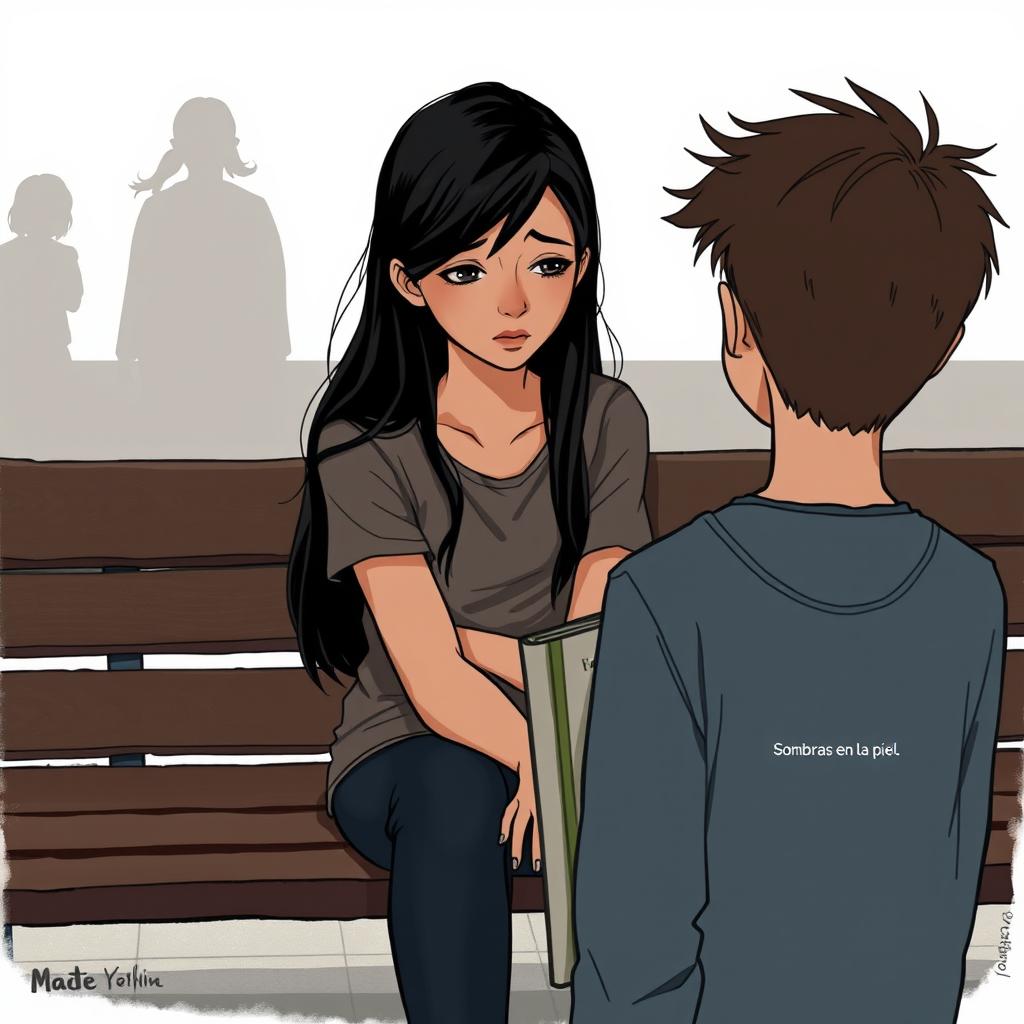 A realistic illustration depicting Sara, a 16-year-old girl with long dark hair, sitting alone on a school bench, deep in thought