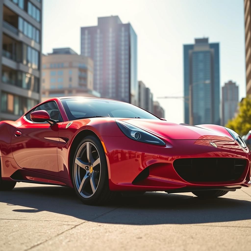 A shiny red sports car parked in a modern urban setting