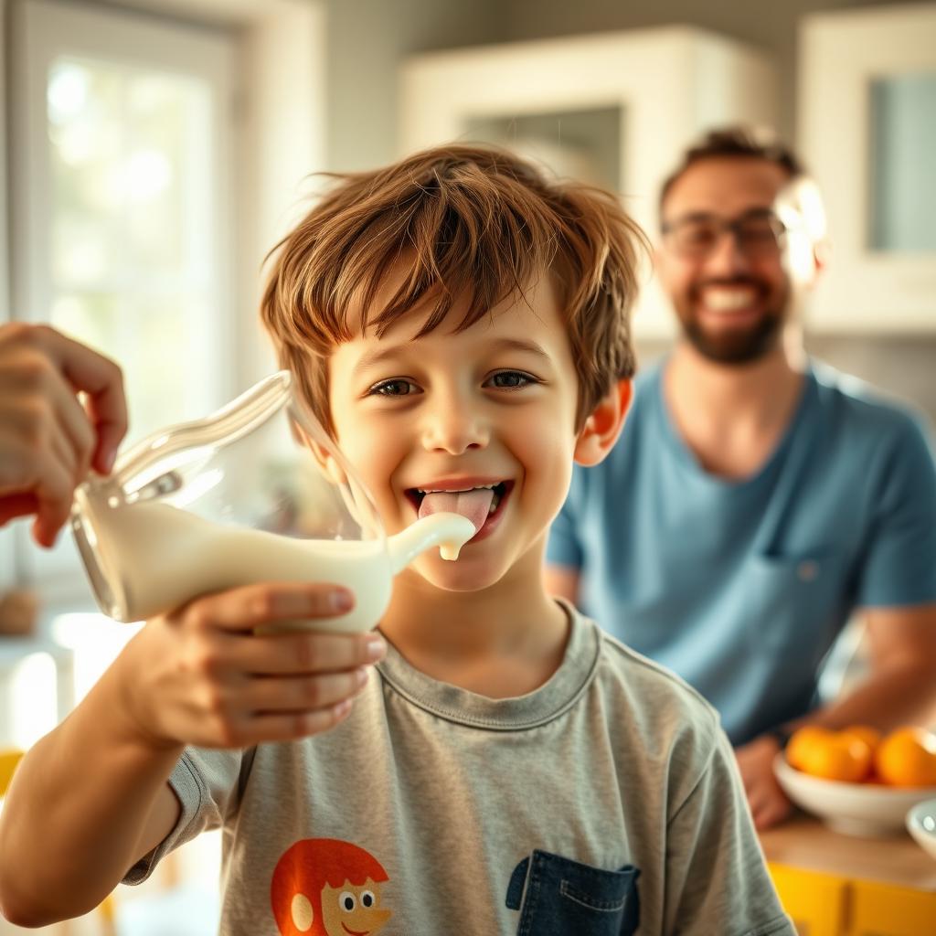 A playful scene depicting a young boy, with a cheerful expression, as he receives a splash of white milk on his tongue from a glass