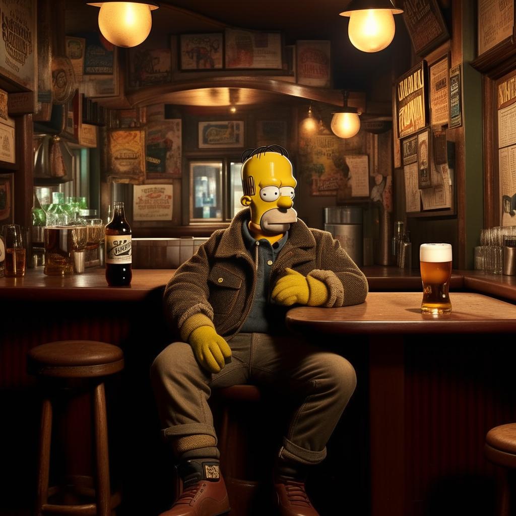 Homer Simpson clad in Stone Island fashion sitting in an atmospheric pub, savoring a flavorful draught beer.