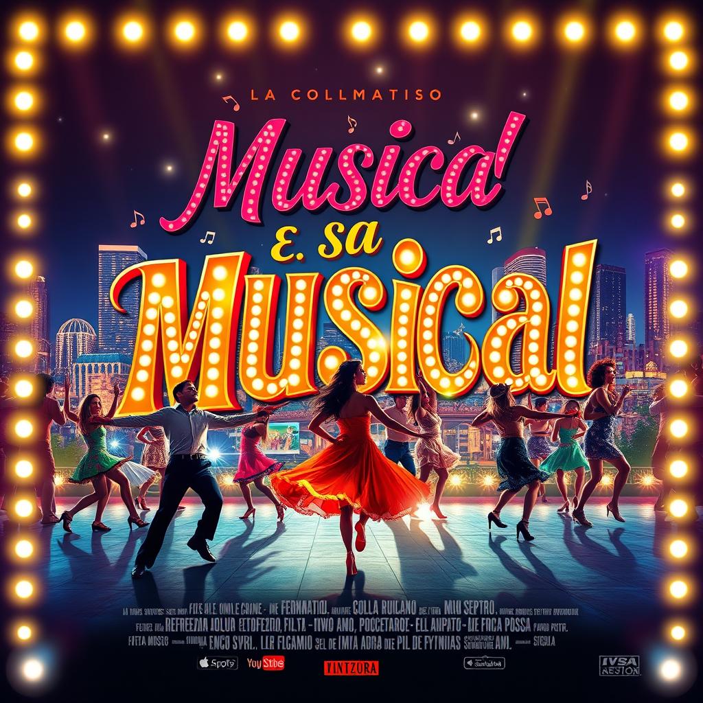 A vibrant and colorful movie poster for a musical film, showcasing a lively dance scene with characters in flamboyant costumes