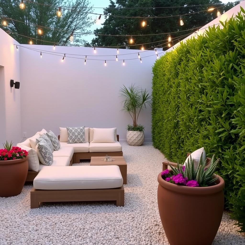 A serene outdoor garden space featuring a white gravel ground, designed with an Ibiza-style lounge set, consisting of comfortable, plush seating and stylish cushions