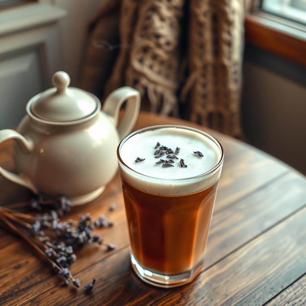 A beautifully styled London Fog drink, featuring a glass filled with steaming Earl Grey tea, topped with creamy frothy milk, and a sprinkle of delicate lavender petals
