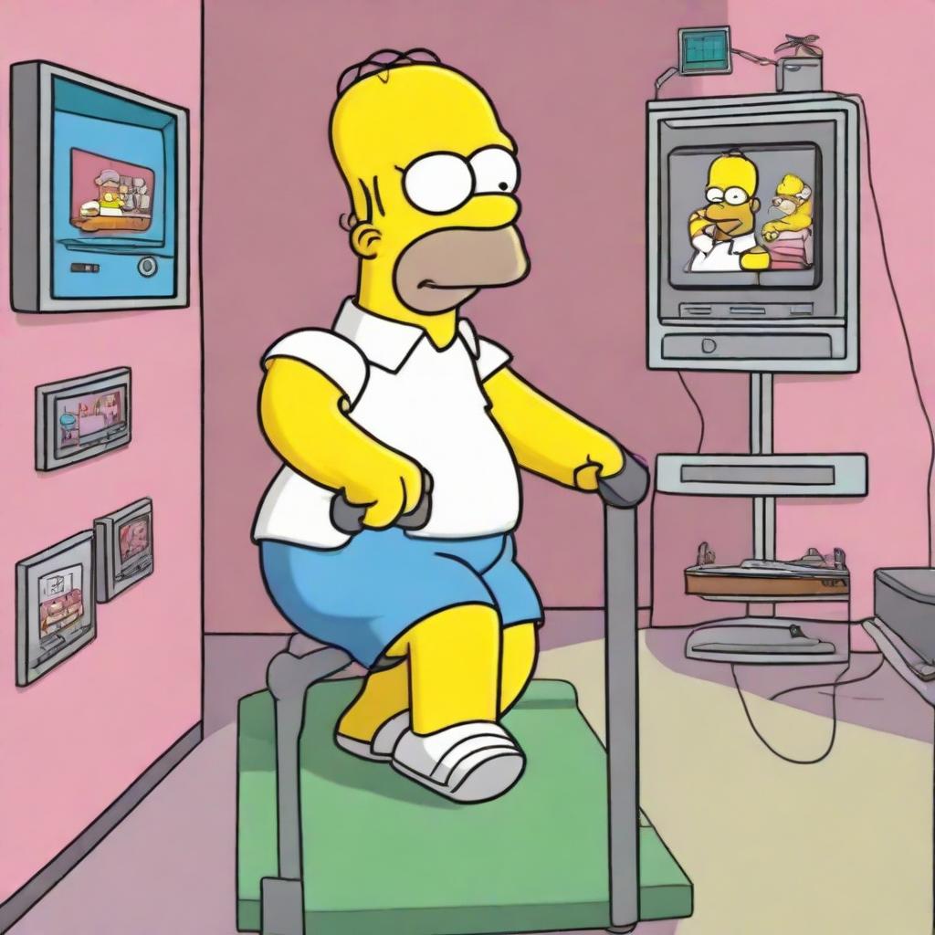 Homer Simpson in a continuously looping scenario, running on a treadmill and watching himself in the same action displayed on a future-set TV screen