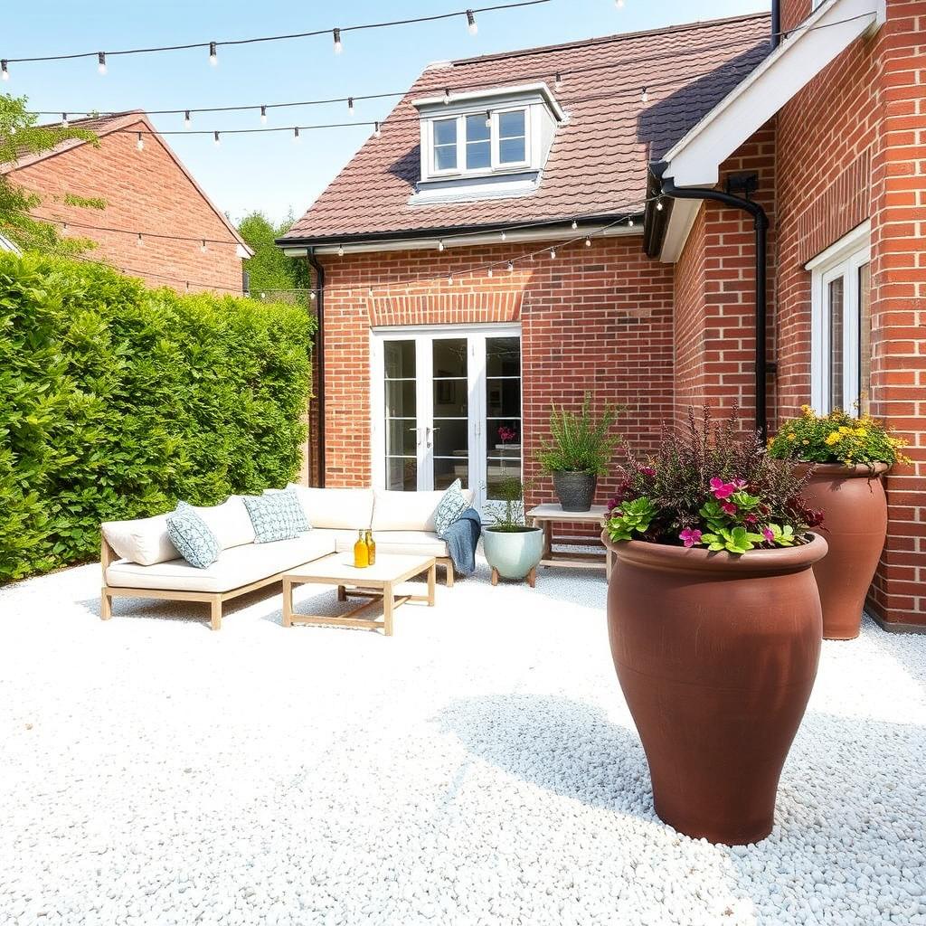 A beautiful outdoor garden plan featuring a white gravel floor, styled with an Ibiza-style lounge set