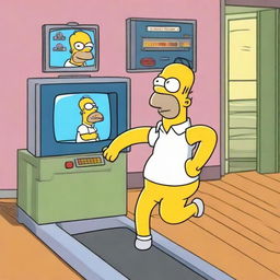 Homer Simpson in a continuously looping scenario, running on a treadmill and watching himself in the same action displayed on a future-set TV screen