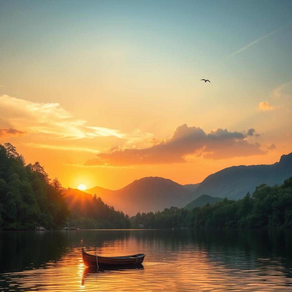 A serene landscape featuring a vibrant sunset over a calm lake, surrounded by lush green forests and distant mountains
