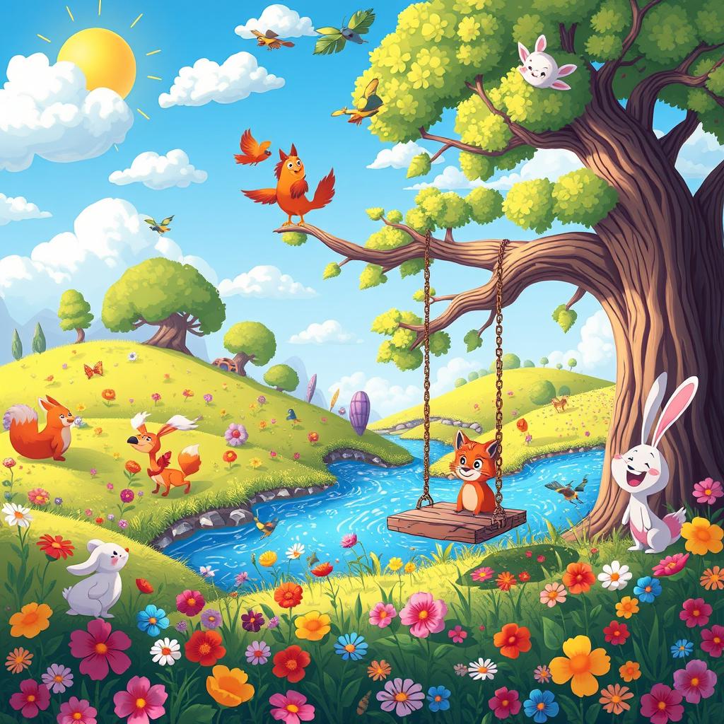 A vibrant and colorful cartoon illustration depicting a fantastical landscape filled with whimsical creatures and lush flora