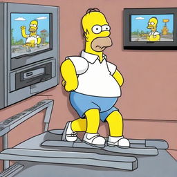 Homer Simpson in a continuously looping scenario, running on a treadmill and watching himself in the same action displayed on a future-set TV screen