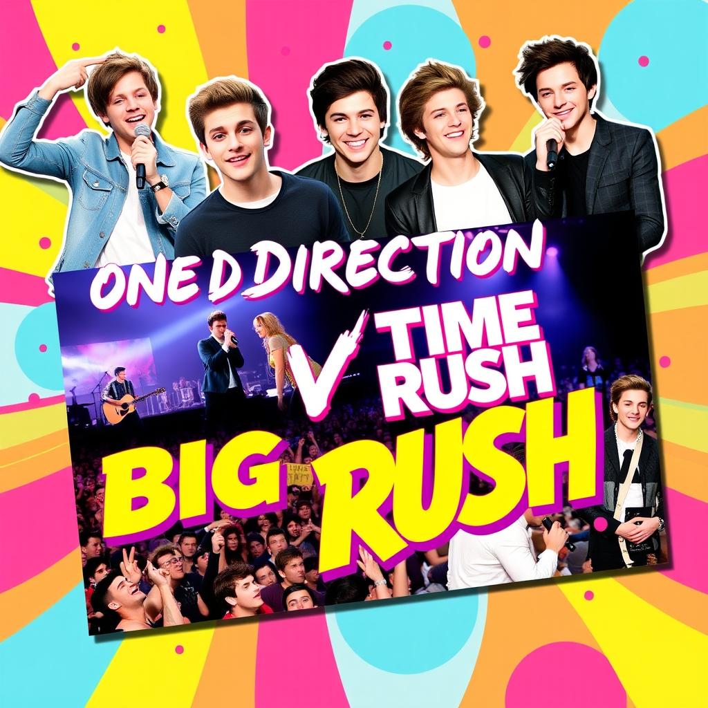 A vibrant and colorful collage featuring members of both One Direction and Big Time Rush in a dynamic and engaging layout
