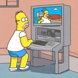 Homer Simpson in a continuously looping scenario, running on a treadmill and watching himself in the same action displayed on a future-set TV screen