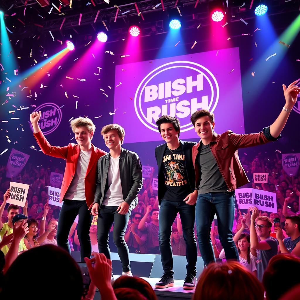 A vibrant concert scene featuring members of One Direction and Big Time Rush performing on stage together