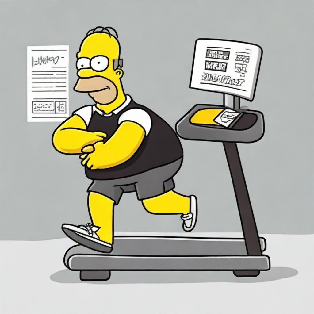 Homer Simpson running on a treadmill, wearing a black vest emblazoned with the word 'Runfast'